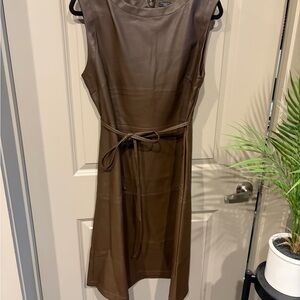 NWT Ann Taylor Sleeveless Brown Faux Leather Belted Dress